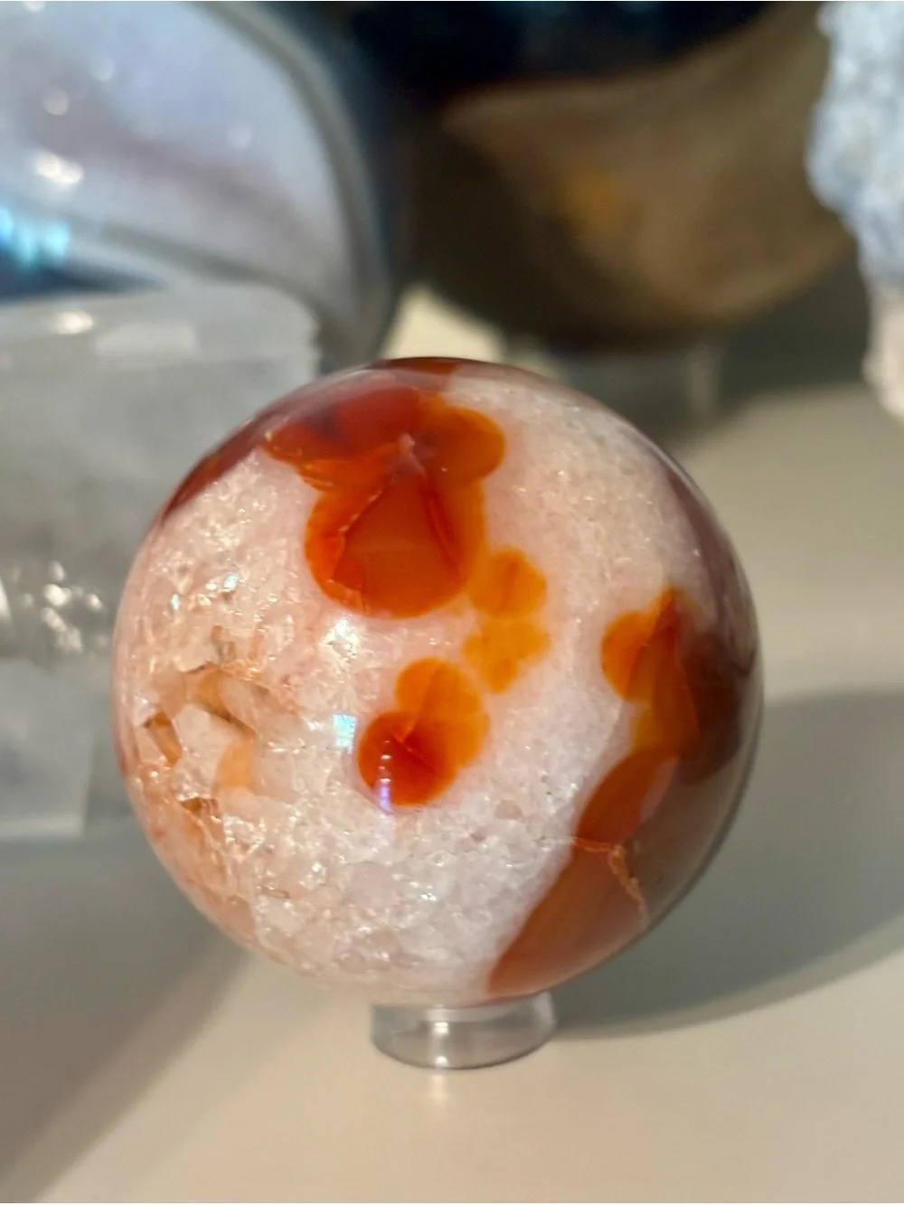 Red Ocean Jasper Sphere with Druzy Pockets – Orbicular Crystal Sphere w Stand
